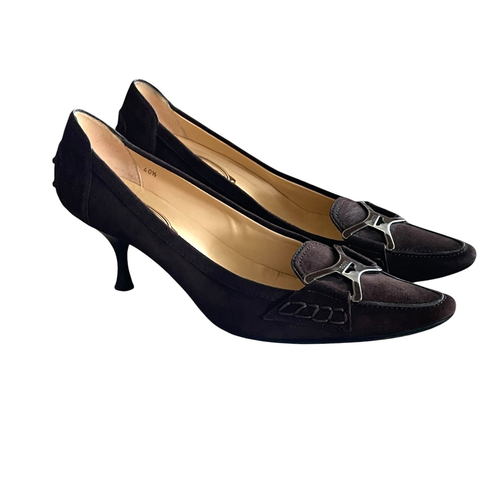TOD'S Size 40.5 Brown Suede Slip-On Loafer-Style Pointed Toe Kitten Heel Pumps